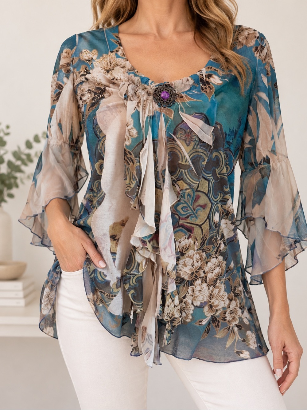B.L.E.U. Y2K Boho Teal Floral Sheer Bell Sleeve Ruffle Top S